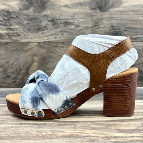 NIB Korks Kork Ease Natalia 7M Knot Clog Sandal Tan Blue Denim PU Tye Dye Combo - Picture 6 of 9
